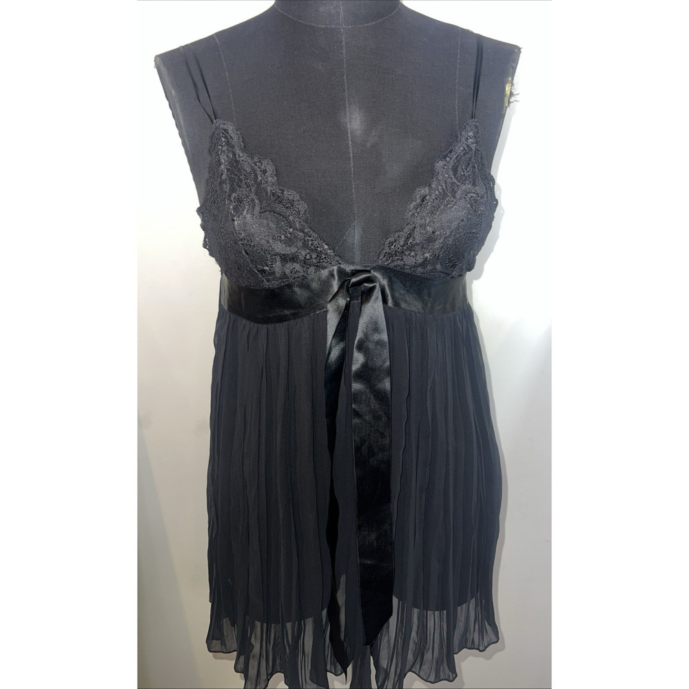 Victoria's Secret Black‎ Pleated Lace Teddy Sz MedSheer Sexy Lingerie Baby Doll